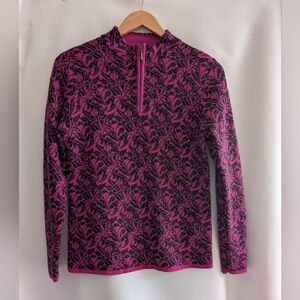 Meister Wool Blend Floral Black Pink Quarter Zip Knit Pullover Sweater - L